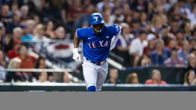 Texas Rangers right fielder Adolis Garcia (53) reacts after after suffering an injury in the eighth inning of game three of the 2023 World Series against the Arizona Diamondbacks at Chase Field.